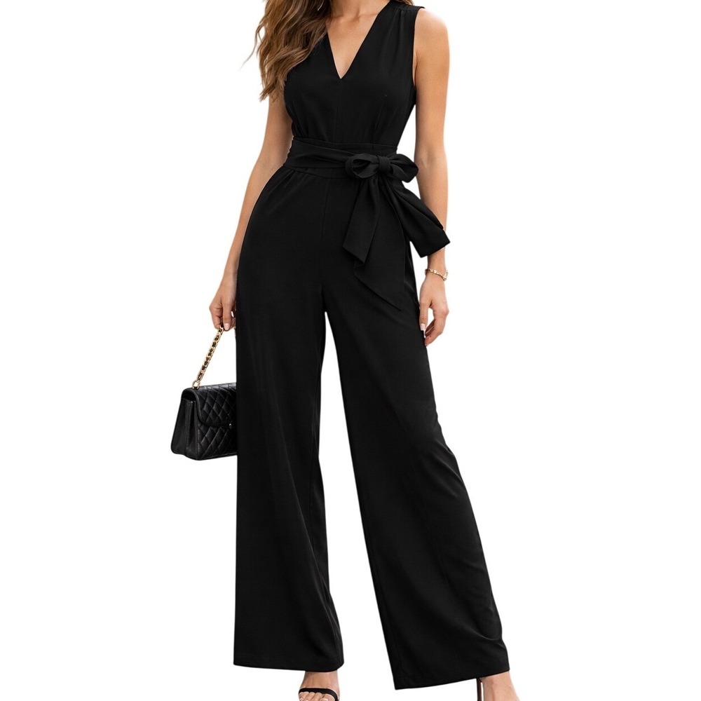 Trina Turk Sleeveless V Neck Wide Leg Tie Waist Black Jumpsuit Size 4 Minimalist
